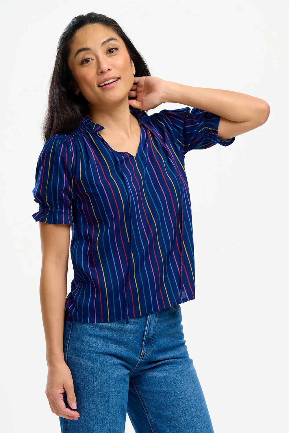 Angelique Shirred Top - Navy, Thin Rainbow Stripe