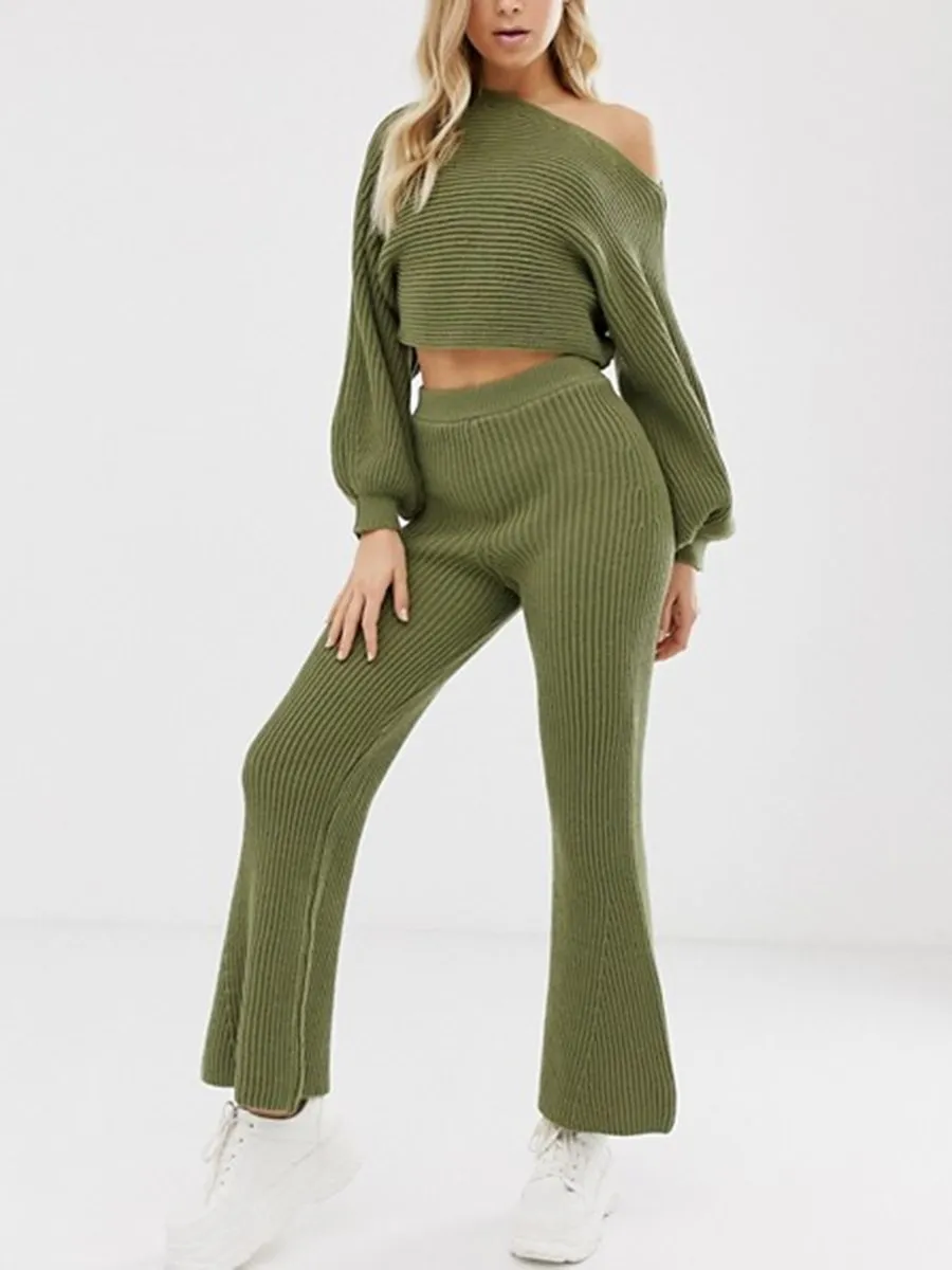 Fashion Casual Loose Lantern Sleeve Top Flare Pants Knitted Suit
