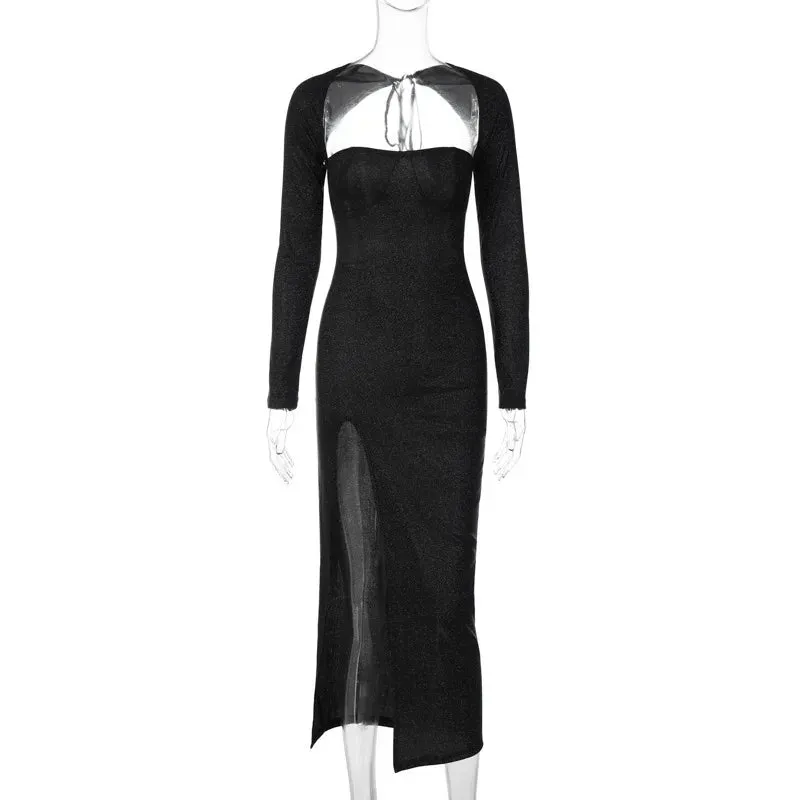 Long Autumn Winter Strapless High Split Nightclub Backless Slim Bodycon Midi Dress