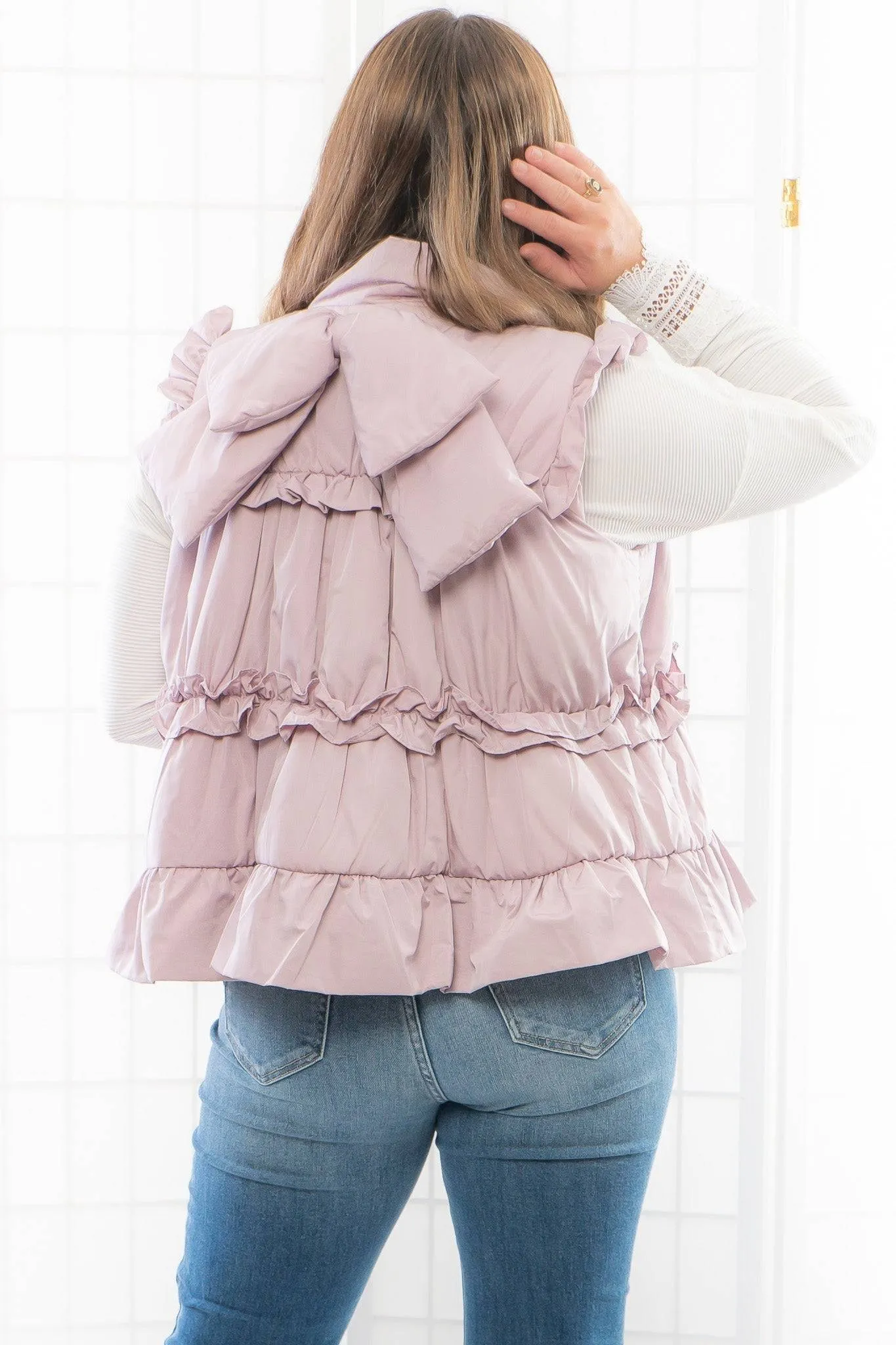 Lunar Ruffle Trim Puffer Vest With Back Bow