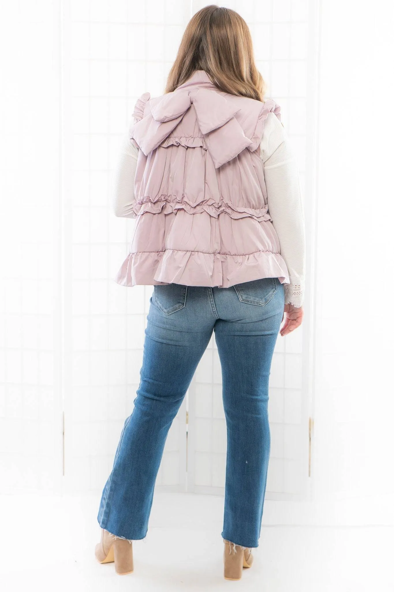 Lunar Ruffle Trim Puffer Vest With Back Bow