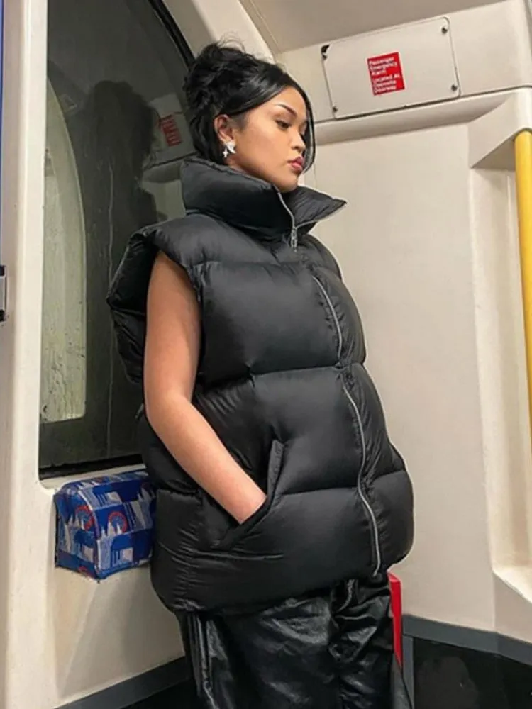 Women Stand Collar Vests Black Jackets Coat Autumn Winter Outwear Puffer Vest Female Sleeveless Padded Warm