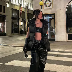 Women Stand Collar Vests Black Jackets Coat Autumn Winter Outwear Puffer Vest Female Sleeveless Padded Warm