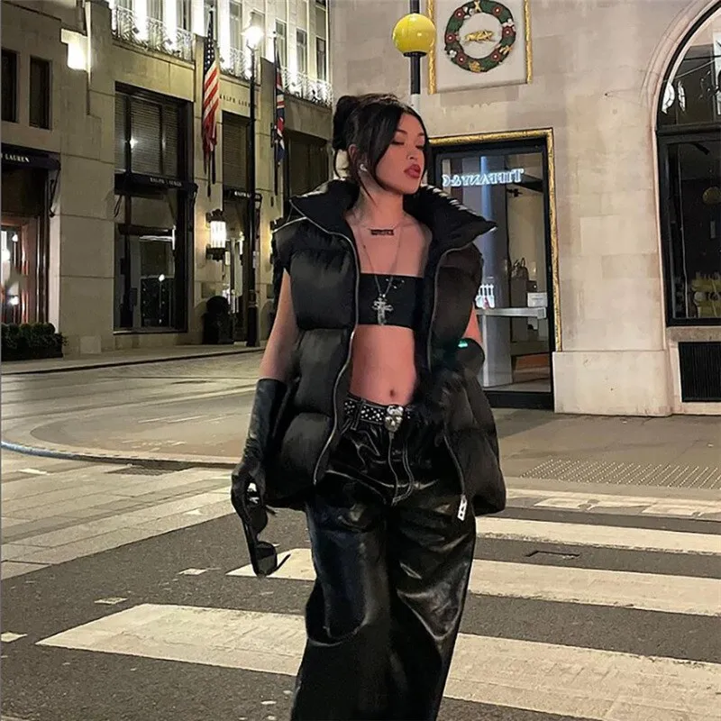 Women Stand Collar Vests Black Jackets Coat Autumn Winter Outwear Puffer Vest Female Sleeveless Padded Warm